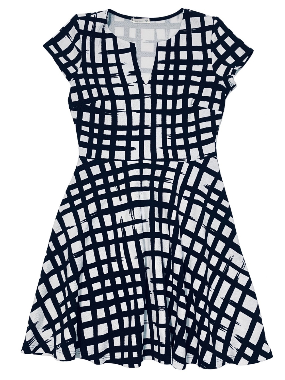 Soprano Black White Fit & Flare Dress S Abstract Windowpane Stretch Made USA